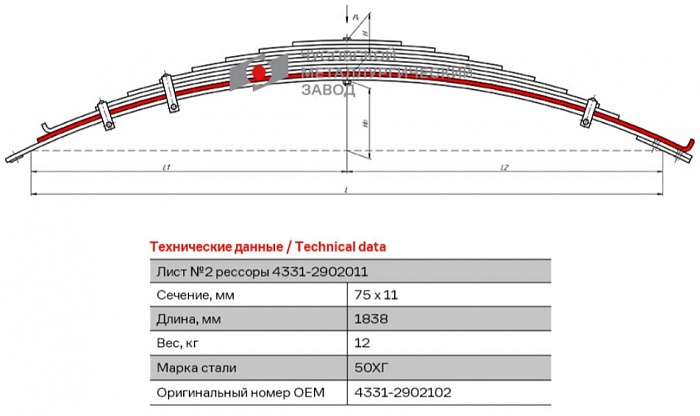 Лист подкоренной рессорный №2 ЗиЛ 4331 передний